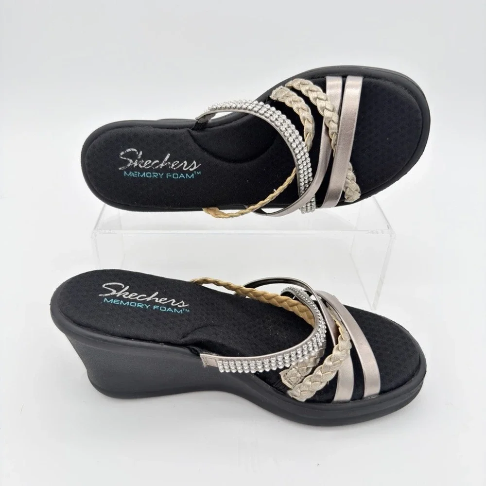 Skechers Memory Foam Wedge Sandals Rhinestone Metallic Braided Women's 6